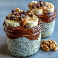 Glass jars display layered Chunky Monkey overnight chia pudding with banana slices and chocolate chips. 