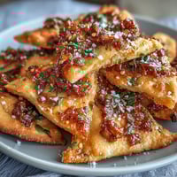 Golden baked Spicy Chili Crisp Garlic Naan Chips arranged in a fan next to a small bowl of creamy Asian cucumber dip. The chips are brushed with chili crisp oil and topped with fresh cilantro, while the dip features diced cucumber and a hint of sesame. A perfect appetizer for game day or parties.