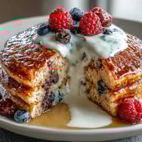 Golden-brown Berry Protein Pancakes with Greek Yogurt topped with fresh berries and a honey drizzle on a rustic plate.