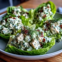 Fresh avocado herb chicken salad nestled in crisp lettuce cups, a healthy and vibrant lunch option.