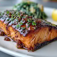 Texas Roadhouse Style Baked Salmon with a sweet and tangy honey-Dijon marinade, perfectly baked and garnished with fresh parsley.  