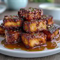 Crispy air fryer tofu cubes drizzled with creamy peanut sauce, garnished with chopped peanuts and scallions. A flavorful vegan dish perfect for dinner or appetizers.