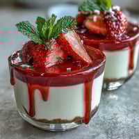 Silky vanilla panna cotta with vibrant strawberry sauce, garnished with fresh berries for a romantic dessert.