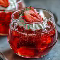 Festive Valentine strawberry champagne jello shots with fresh strawberry slices and edible glitter, perfect for romantic celebrations.