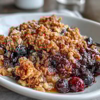 Warm mixed berry crumble with golden oat topping, baked to perfection in a ramekin for a cozy dessert.