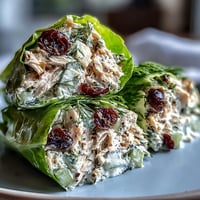 Healthy Greek yogurt chicken salad lettuce wraps with tender chicken, crisp vegetables, and creamy dressing served in fresh lettuce leaves.  