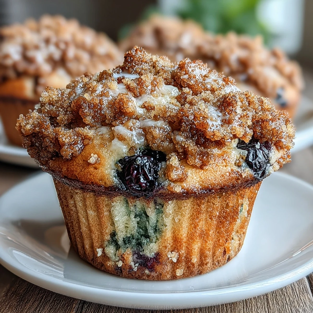 Freshly baked lemon blueberry sourdough crumb muffins topped with golden streusel and bursting with juicy berries.  