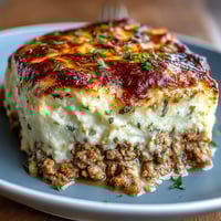 A comforting Turkey Shepherds Pie with creamy cauliflower-potato mash and savory ground turkey filling baked to golden perfection.