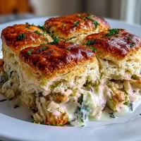 Creamy Chicken Pot Pie with Biscuit Topping: A golden, bubbling dish with tender chicken and vegetables beneath a fluffy, buttery biscuit crust.