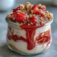 Creamy strawberry cheesecake overnight oats with juicy berries and crunchy graham cracker topping in a glass jar.