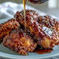 Golden oven-baked chicken with crispy skin, served on a platter and drizzled with spicy hot honey glaze.