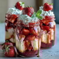 Fresh strawberry shortcake mason jar parfaits with fluffy cake, juicy berries, and whipped cream in portable jars.