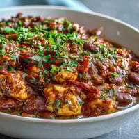 Hearty healthy one-pot turkey chili with beans, packed with lean turkey, vegetables, and savory spices in a comforting bowl.  