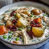 Creamy slow cooker chicken pot pie soup with tender chicken, potatoes, and vegetables in a rich, savory broth.