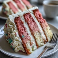 A beautifully layered spring ombre cake with pastel pink and yellow gradient frosting, perfect for Easter or Mother's Day celebrations.