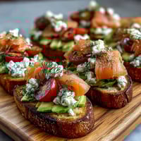 Vibrant Spring Brunch Avocado Toast Board with Smoked Salmon, featuring creamy avocado, fresh vegetables, and savory smoked salmon for a colorful spread.