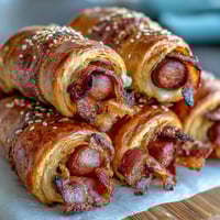 Mini Pigs in a Blanket with Dipping Sauce on a white platter, golden flaky pastry wrapped around juicy cocktail sausages, served with a tangy honey mustard dip.