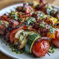 Colorful grilled vegetable skewers with chimichurri, featuring zucchini, peppers, and mushrooms charred to perfection.