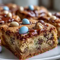 Peanut Butter Easter Egg Cookie Bars with colorful candy eggs and chocolate chips in a soft, chewy dessert square.