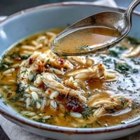 A steaming bowl of Greek Lemon Chicken Soup with shredded chicken and orzo in a silky, fragrant broth.  