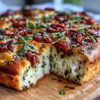 Fluffy focaccia bread topped with fresh spring herbs, cherry tomatoes, and flaky salt, golden and aromatic.