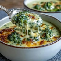 A bowl of creamy broccoli cheddar soup with tender broccoli florets and melted cheese, served with crusty bread.
